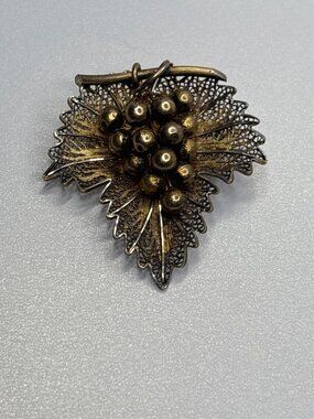 Vtg Topazio Portugal Sterling Vermeil Filigree Grape Leaf Brooch | Wine Lover